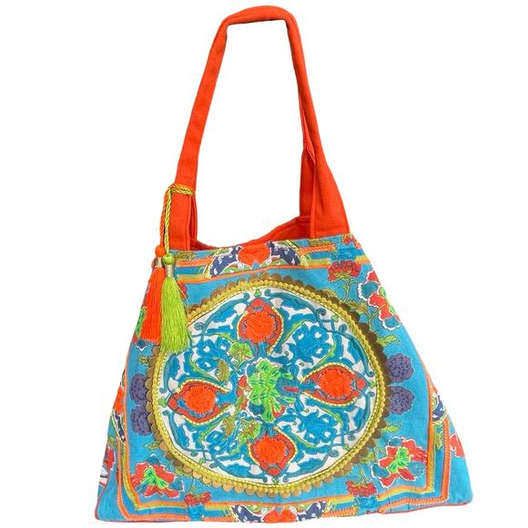 Debbie Katz Handbags - 100% Cotton Bohemian Boho Signature Tote Bag in Aqua-Orange L